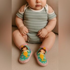 Powell Craft Mermaid Baby Moccasin Slippers 0–6 Months Soft Knit Leather Sole